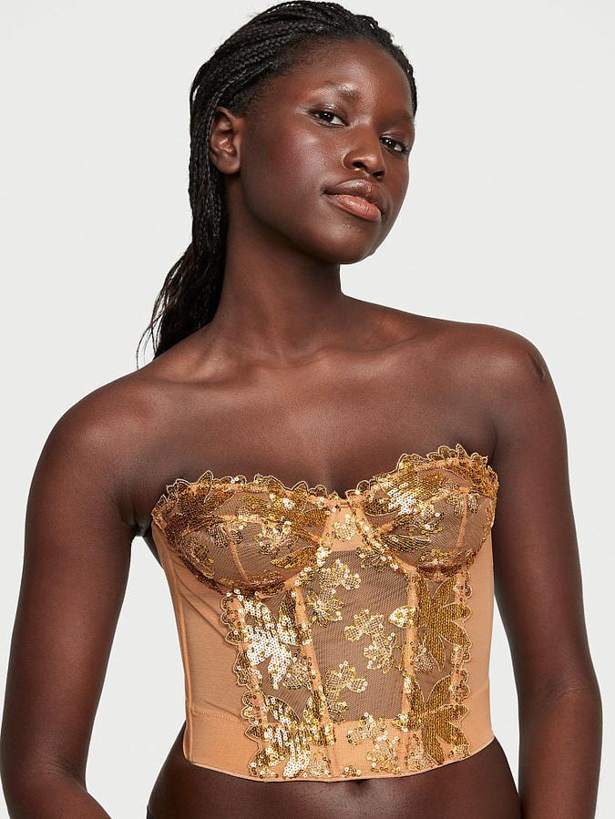 Victoria's Secret Gold Sequined Ziggy Floral Embroidery Unlined Corset Top