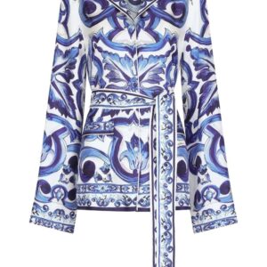 Dolce & Gabbana  Majolica-print belted silk shirt