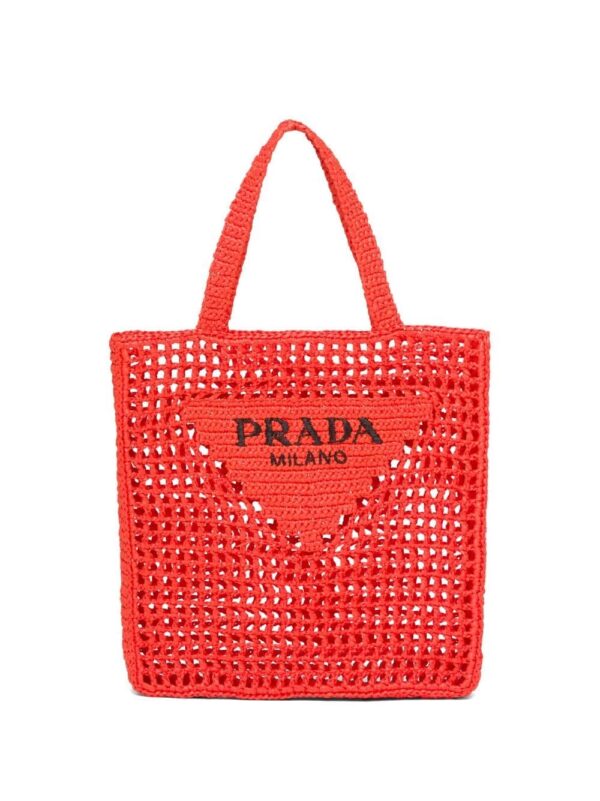 Prada triangle-logo crochet raffia tote bag