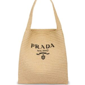 Prada  logo-embroidered raffia tote bag