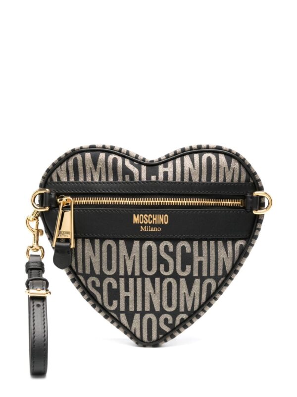 Moschino logo-jacquard metallic clutch bag