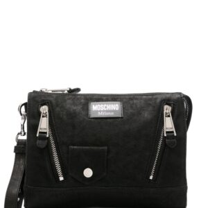 Moschino logo-patch nubuck clutch bag