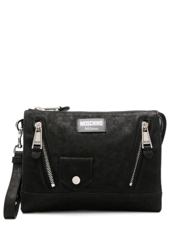 Moschino logo-patch nubuck clutch bag