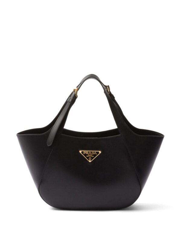 Prada medium enamel triangle logo leather tote bag