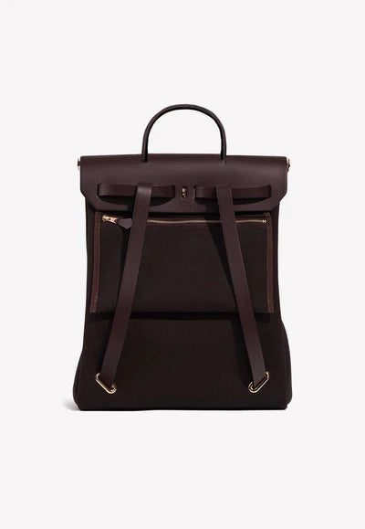 Hermès Herbag a Dos Backpack in Ebène Toile and Vache Hunter Leather bag - Image 3