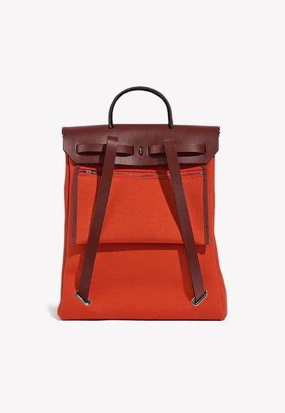 Hermès Herbag a Dos Backpack in Orange Mècano Toile and Rouge H Vache Hunter Leather bag - Image 4