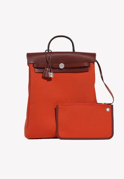 Hermès Herbag a Dos Backpack in Orange Mècano Toile and Rouge H Vache Hunter Leather bag