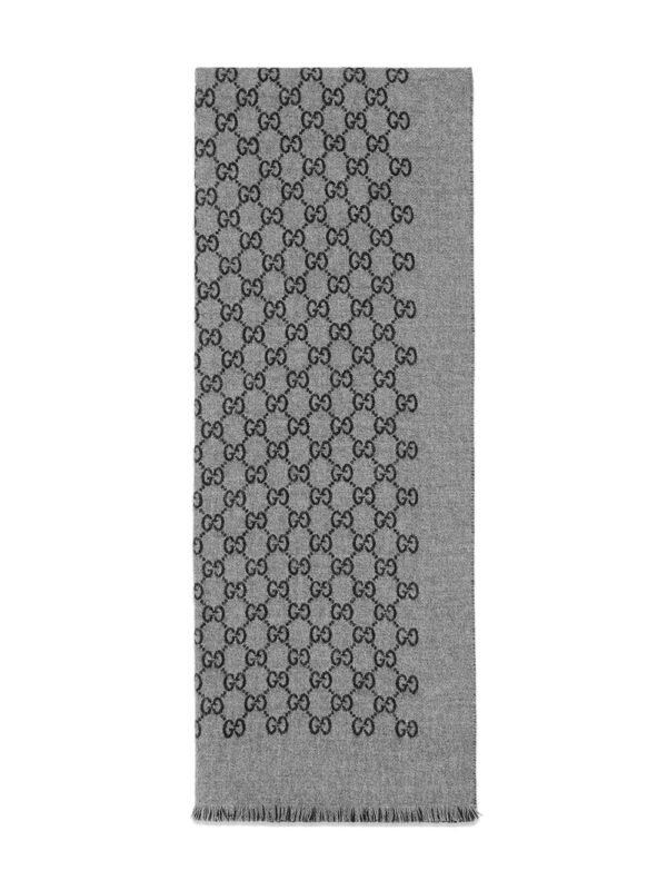 Gucci  Grey GG Jacquard Wool Scarf - Image 2