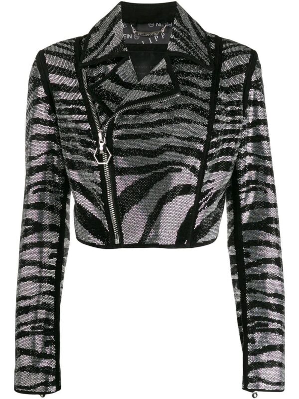 Philipp Plein  zebra-pattern crystal biker jacket