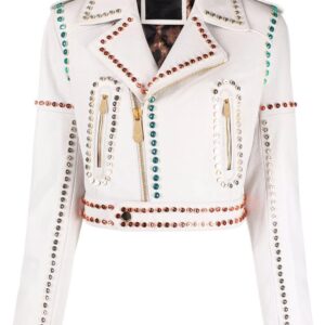 Philipp Plein  crystal-trim studded cropped biker jacket