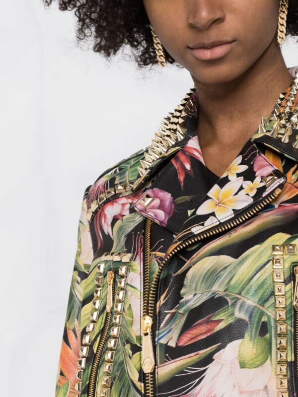 Philipp Plein  floral-print studded biker jacket - Image 3