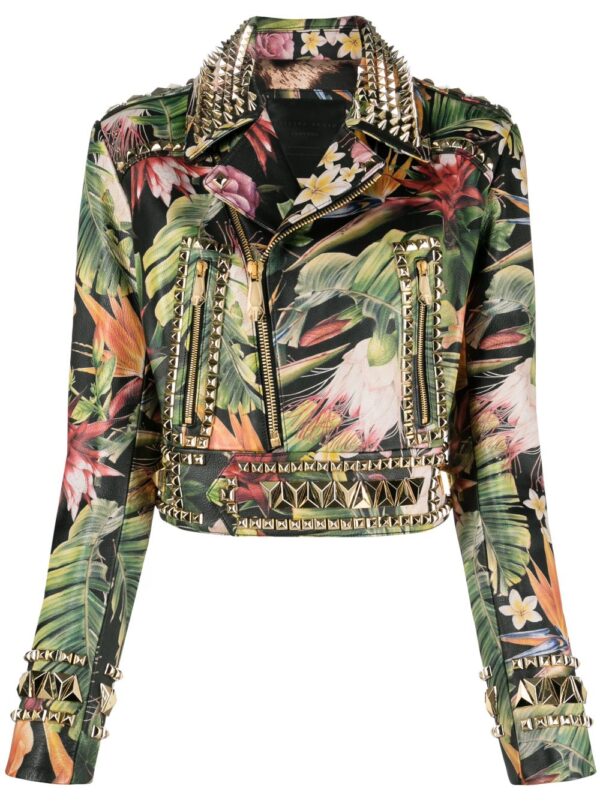 Philipp Plein  floral-print studded biker jacket