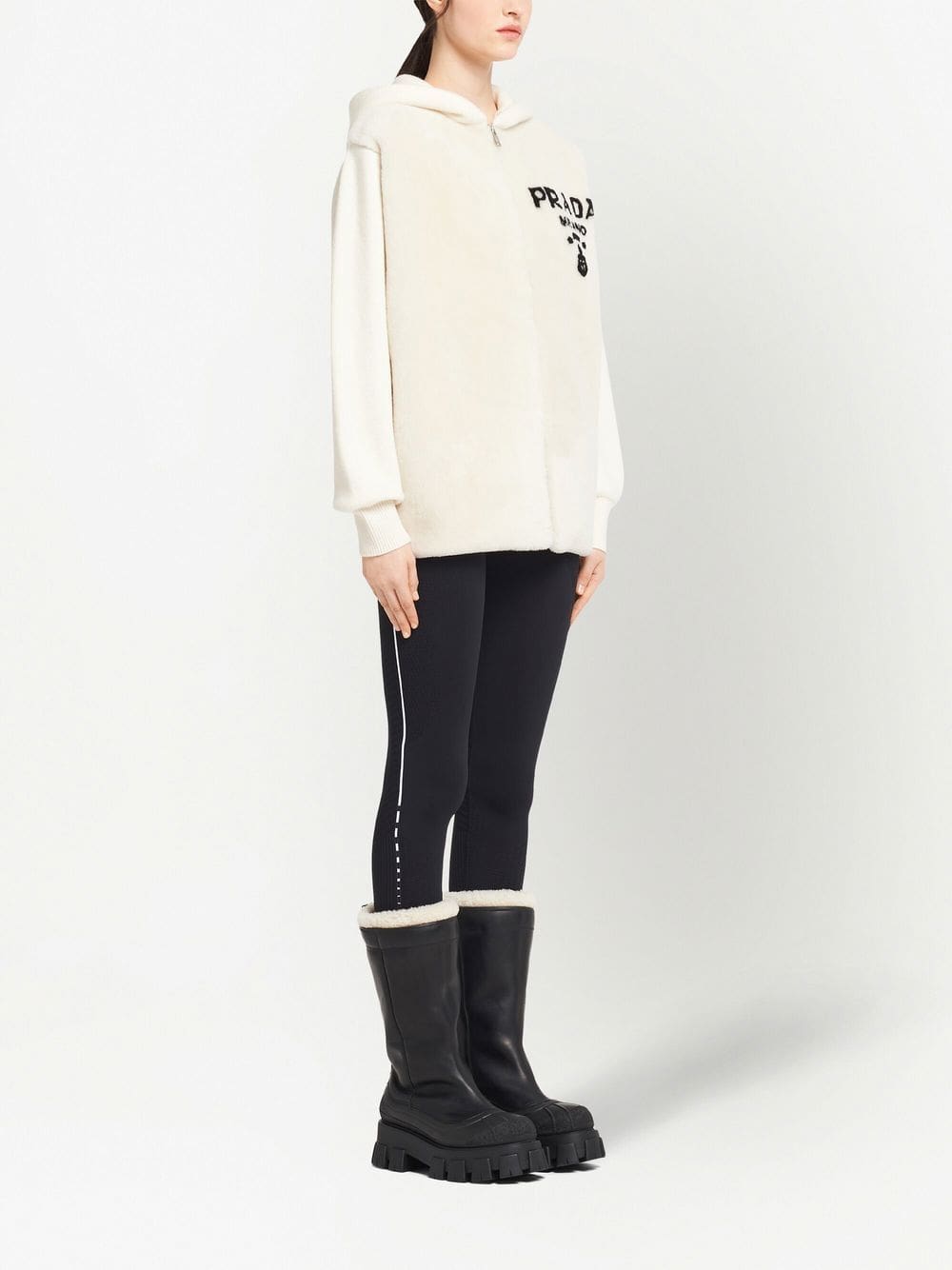 Prada logo-intarsia shearling hoodie - Image 3
