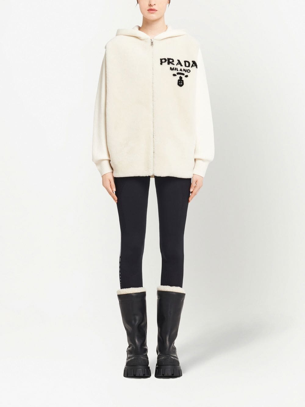 Prada logo-intarsia shearling hoodie - Image 2
