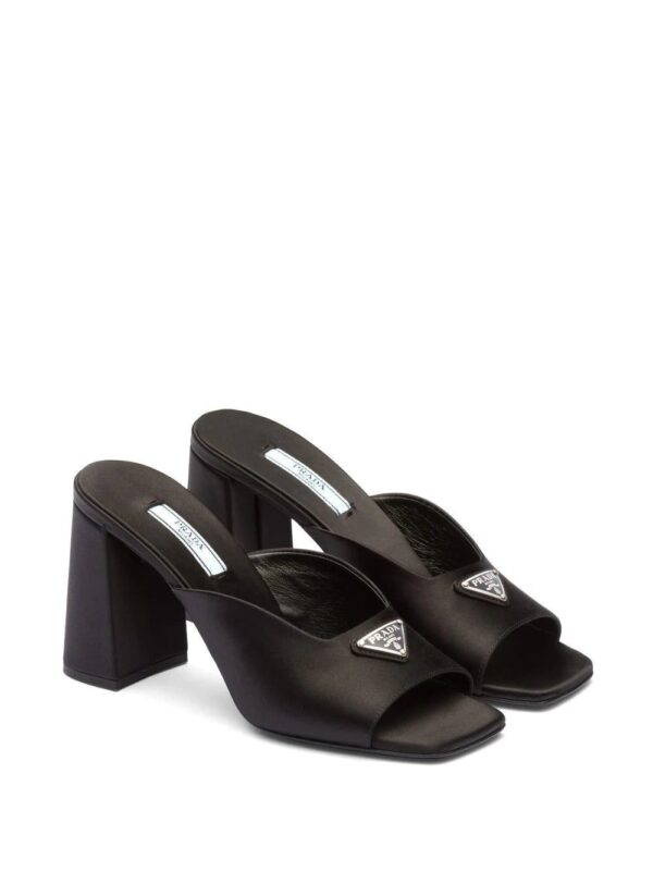 Prada  enamel triangle logo 85mm high-heel satin slides - Image 2
