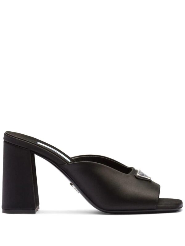 Prada  enamel triangle logo 85mm high-heel satin slides