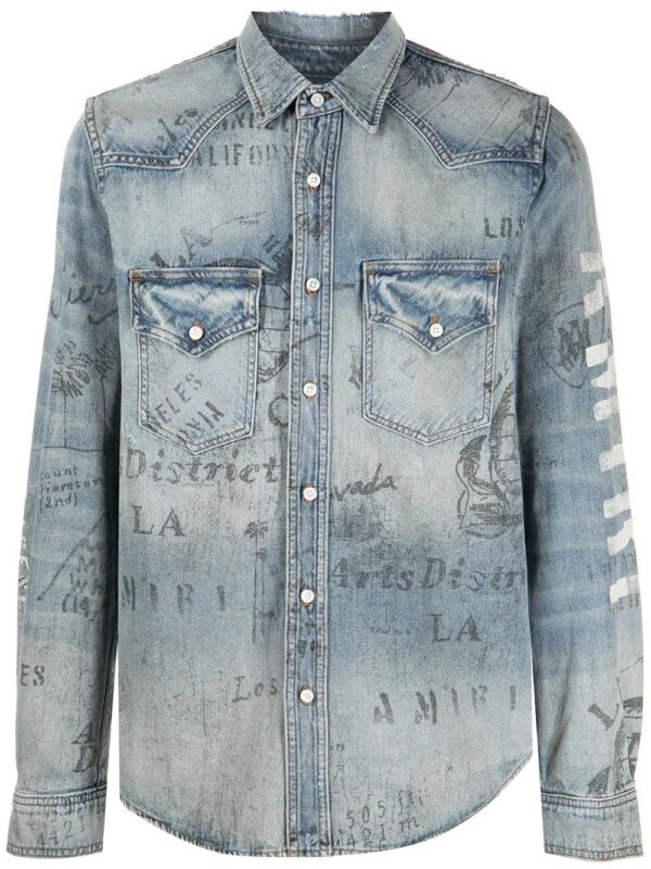 AMIRI  distressed logo print denim shirt