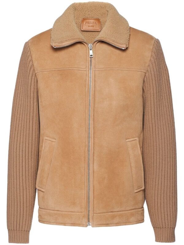 Prada  logo-patch shearling zip-up jacket