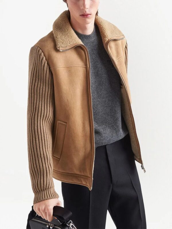 Prada  logo-patch shearling zip-up jacket - Image 4