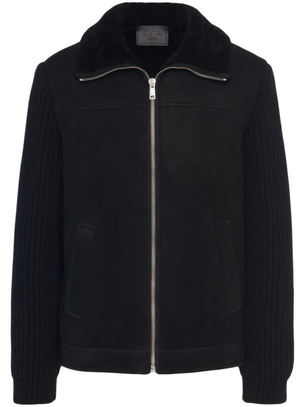 Prada  logo-patch shearling zip-up jacket