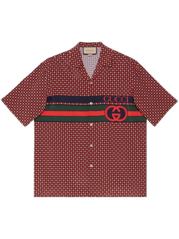 Gucci  Red Geometric Houndstooth Print Bowling Shirt