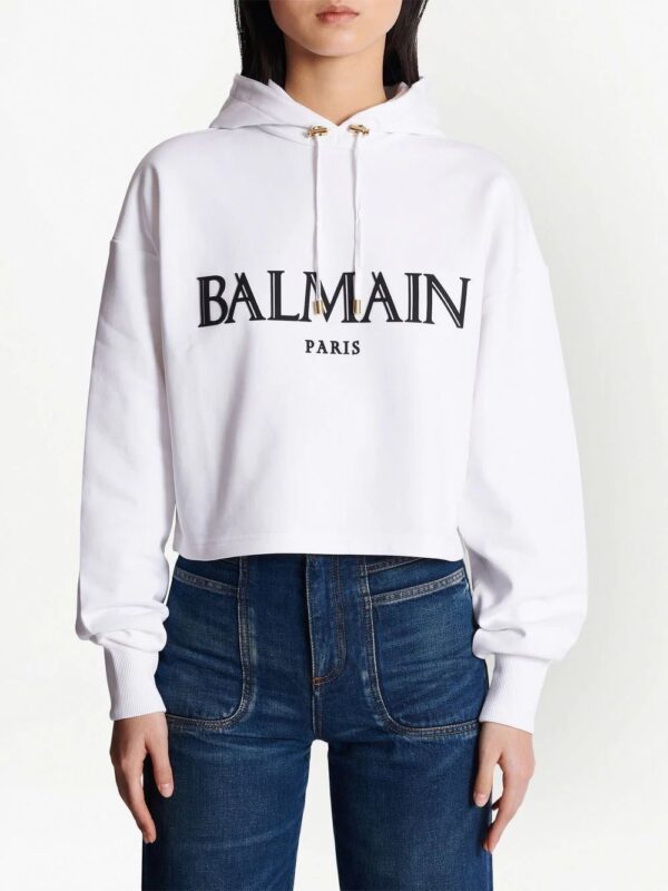Balmain  logo-appliqué cropped hoodie - Image 4