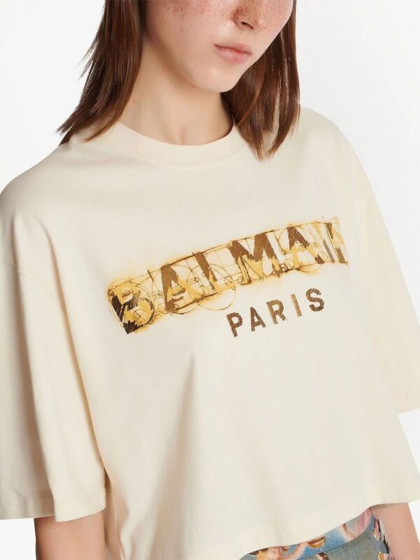 Balmain  logo print cropped T-shirt - Image 4