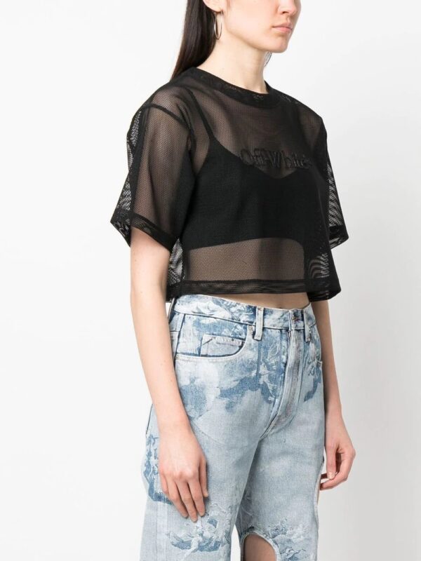 Off-White  logo-print cropped mesh T-shirt - Image 3
