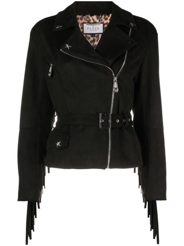 Philipp Plein  star studded fringed biker jacket
