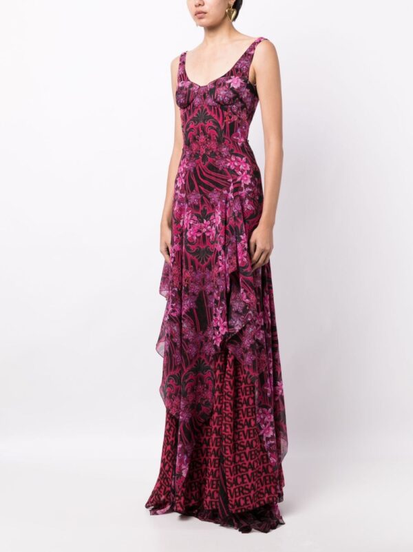 Versace Orchid Barocco-print ruffled silk dress - Image 6