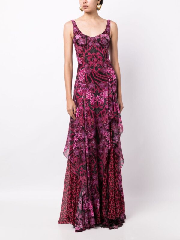 Versace Orchid Barocco-print ruffled silk dress - Image 7