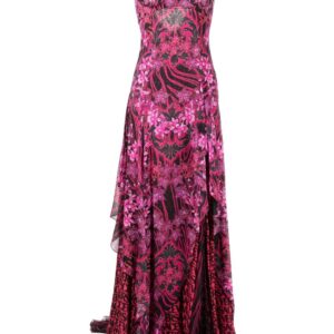 Versace Orchid Barocco-print ruffled silk dress