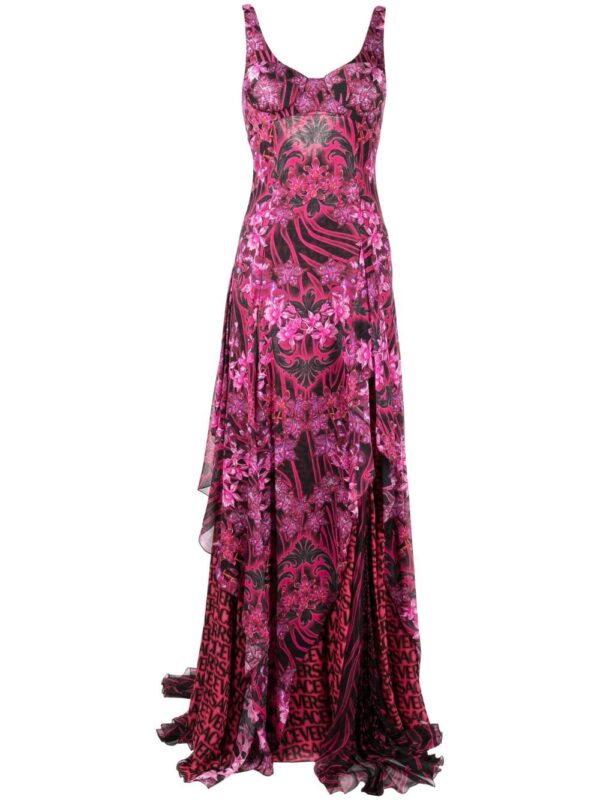 Versace Orchid Barocco-print ruffled silk dress