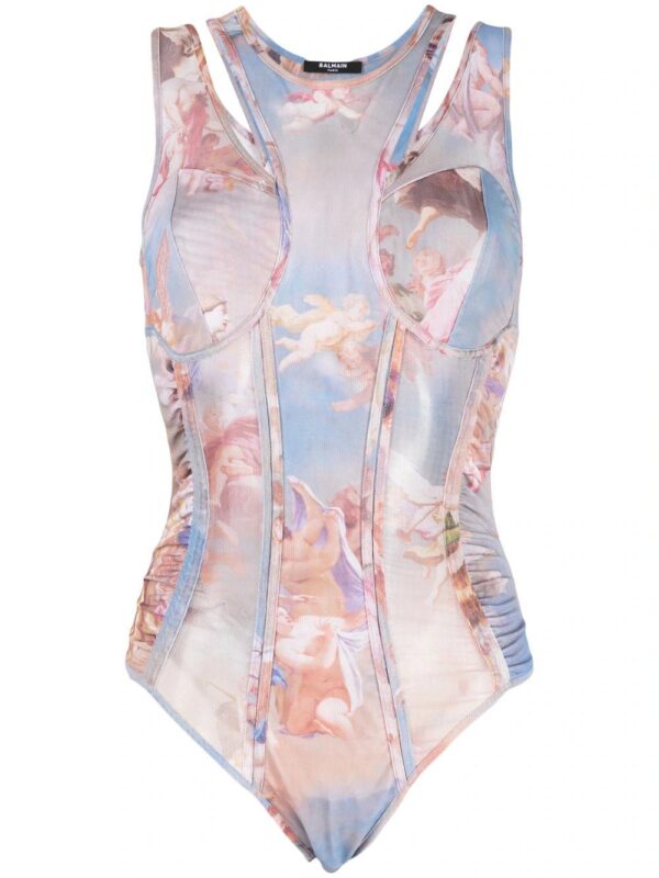 Balmain  Sky-print tulle bodysuit