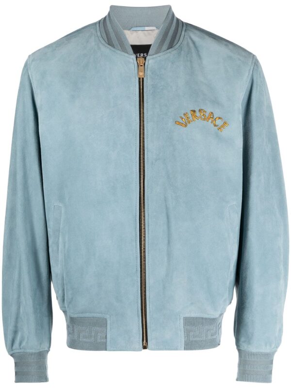 Versace  logo-embroidered suede bomber jacket