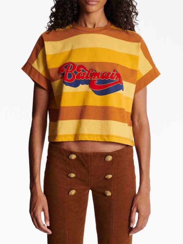 Balmain  logo-print striped cropped T-shirt - Image 4