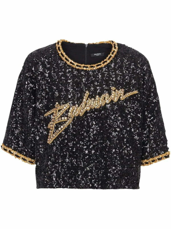 Balmain  logo-embroidery sequin top