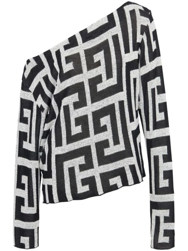 Balmain  monogram-jacquard off-shoulder jersey