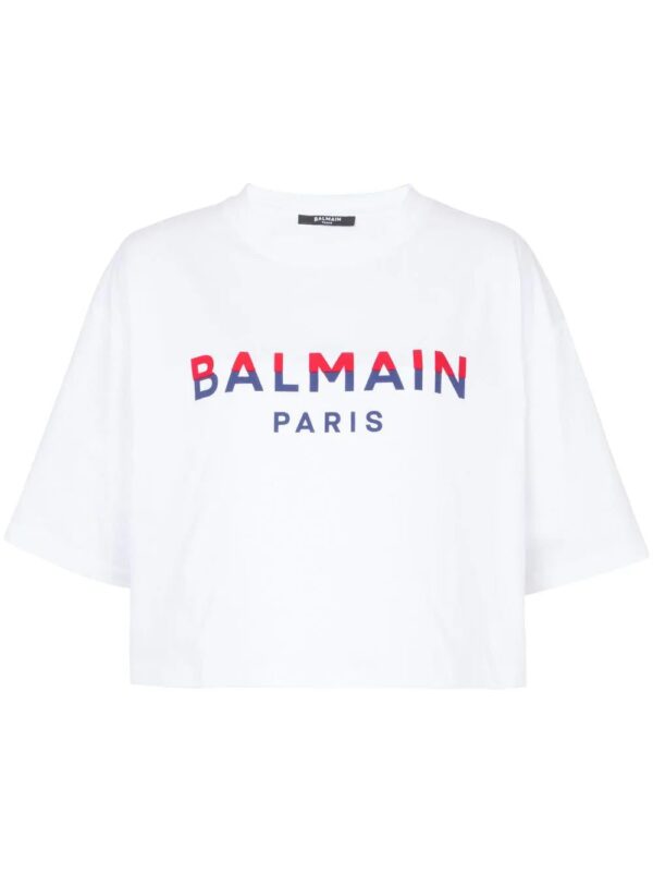 Balmain  flocked-logo cropped organic-cotton T-shirt
