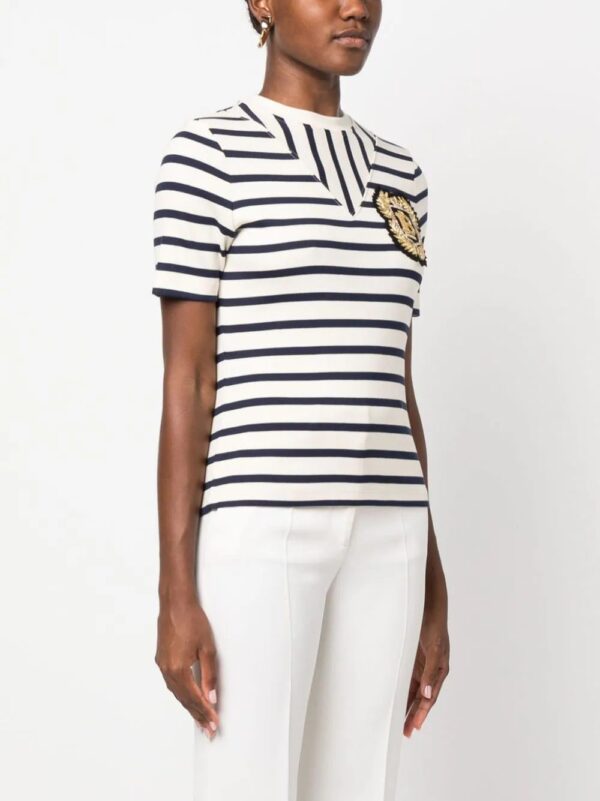 Balmain  logo-patch ribbed-knit striped T-shirt - Image 3
