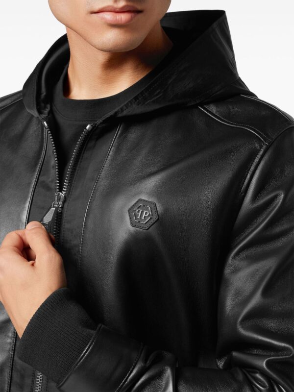 Philipp Plein  leather and satin hooded bomber jacket - Image 4