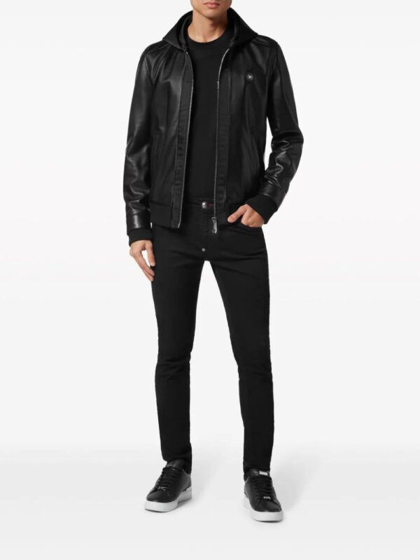 Philipp Plein  leather and satin hooded bomber jacket - Image 2