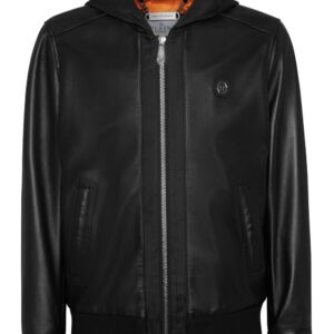 Philipp Plein  leather and satin hooded bomber jacket