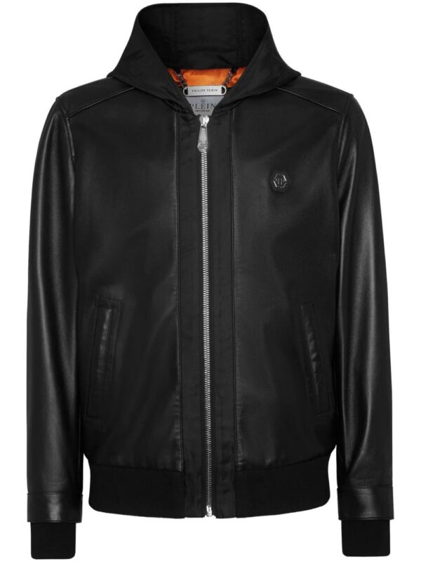 Philipp Plein  leather and satin hooded bomber jacket