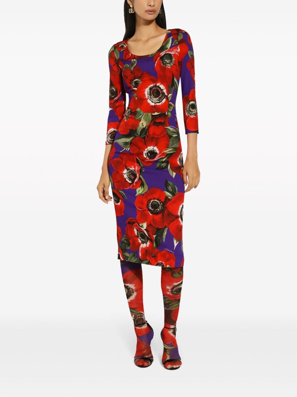 Dolce & Gabbana poppy-print round-neck midi dress - Image 3