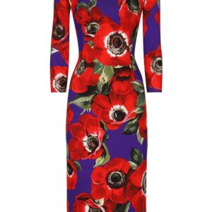 Dolce & Gabbana poppy-print round-neck midi dress