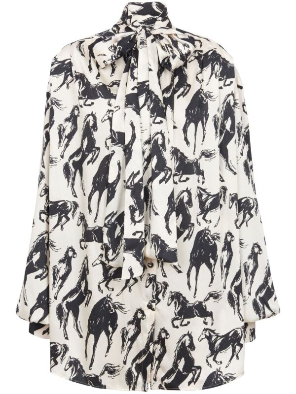 Balmain  horse-print pussy-bow silk shirt