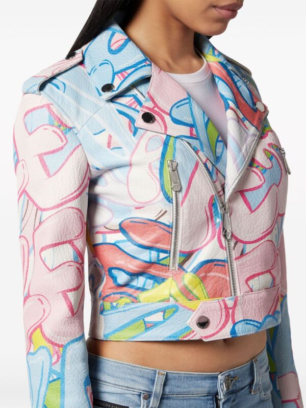 Philipp Plein  graffiti-logo cropped leather biker jacket - Image 4