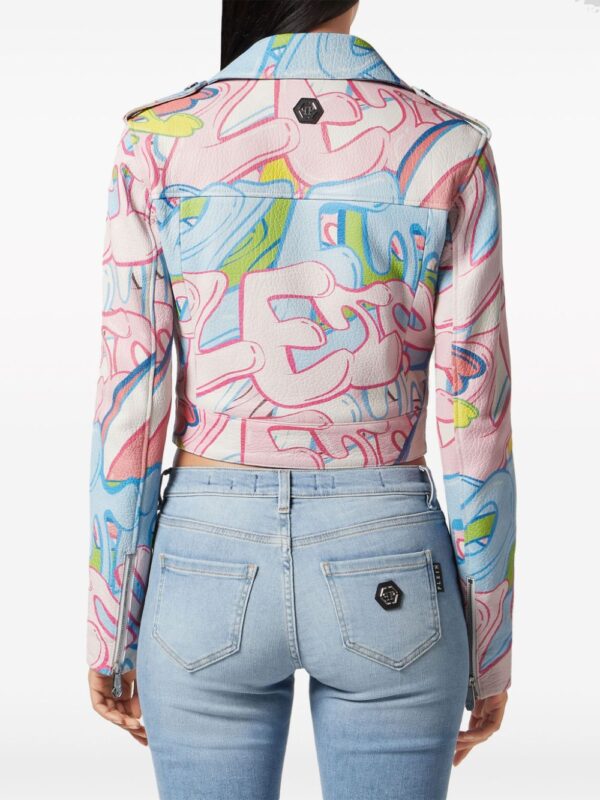 Philipp Plein  graffiti-logo cropped leather biker jacket - Image 3