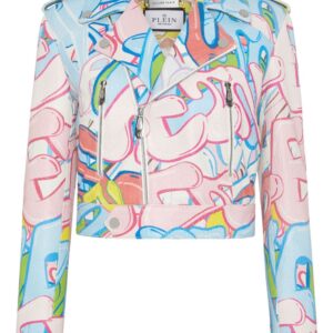 Philipp Plein  graffiti-logo cropped leather biker jacket